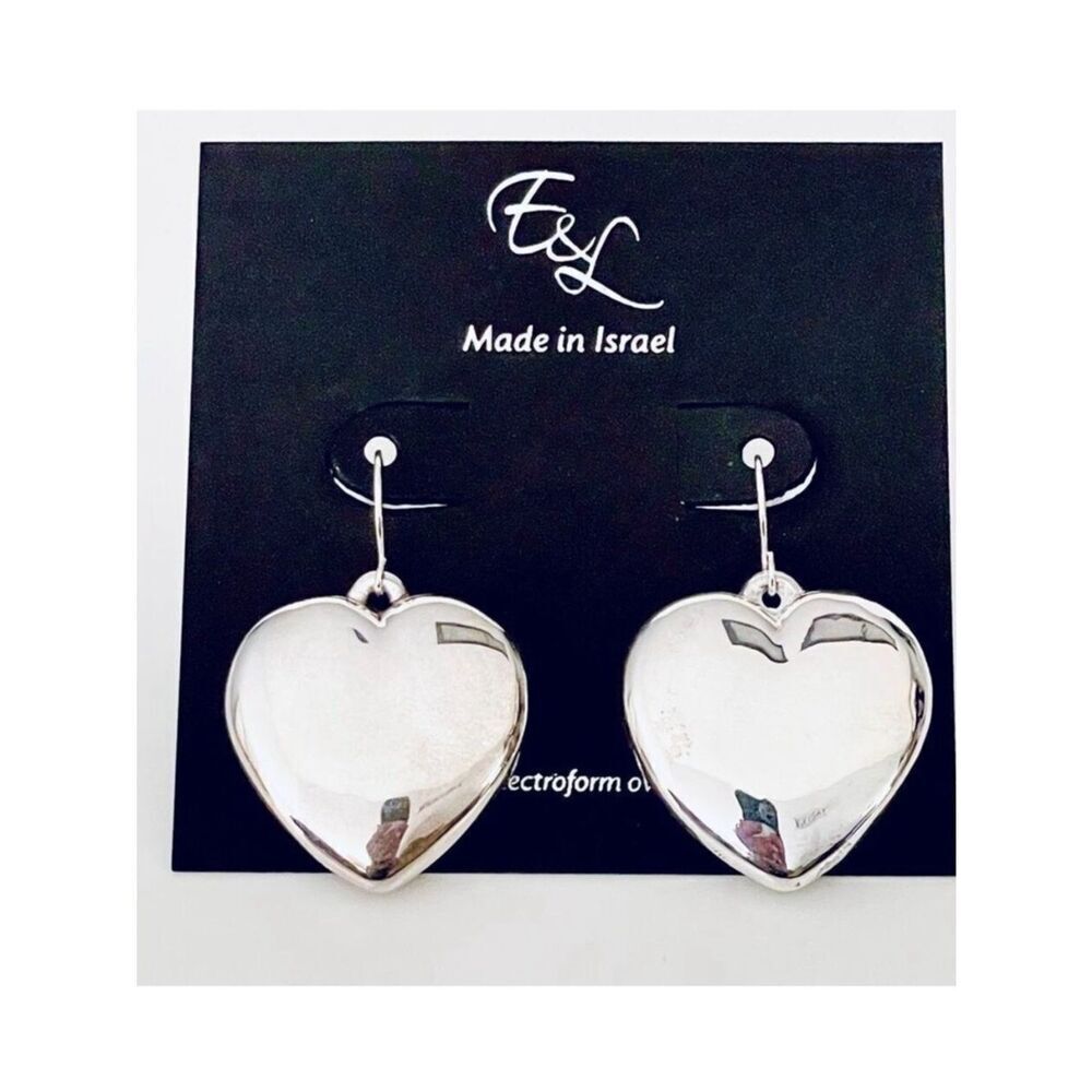 NWT E&L Made in Israel sterling silver electroform Dangle Puffy Heart earrings